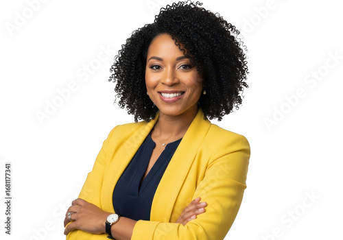 Woman with curly hair in yellow blazer isolated on transparent background