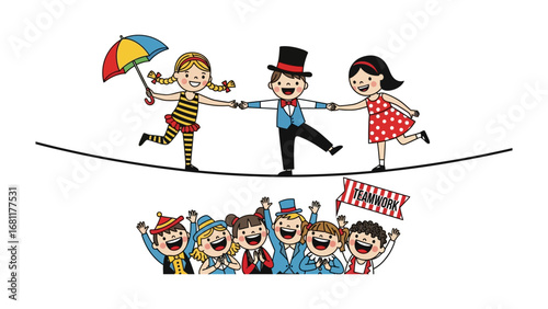 Circus Performers on Tightrope: Colorful illustration of three children balancing on a tightrope, a thrilling circus spectacle. Below, an audience of delighted children cheers the acrobatic feats.