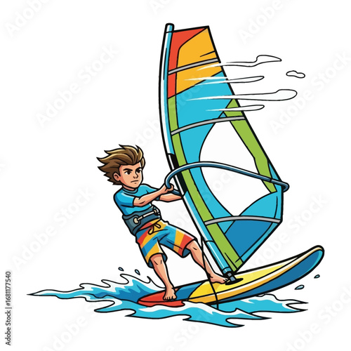 Windsurfer Gliding: A vivid illustration captures the essence of windsurfing. A person skillfully maneuvers a sailboard across the sea with a dynamic pose. 