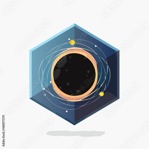 Abstract illustration of a black hole with orbiting celestial bodies in a hexagonal frame design