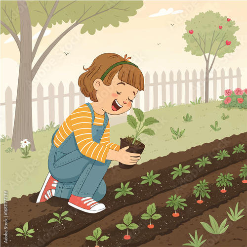Cute Illustration of a Child Planting in the Garden with Vegetables
