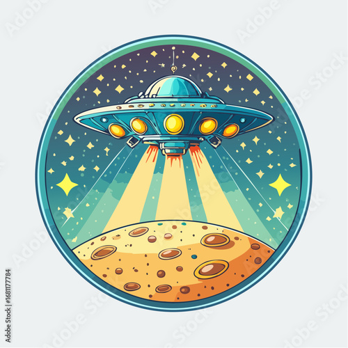 Alien UFO exploring a cratered moon surface