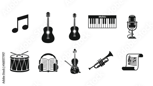 Melody Makers: a grayscale collection of musical instruments with a musical note.