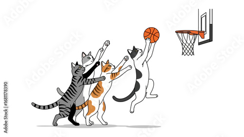 Cats' Basketball Dream: A playful illustration of cats engaging in a spirited basketball game, full of dynamic action. Capturing their determination to score.