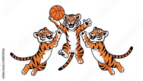 Tiger Basketball Team: An energetic team of tiger mascots plays basketball, filled with a sense of animated joy.