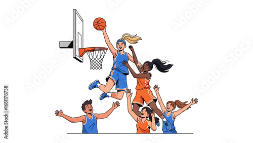 Basketball Game: A dynamic illustration captures a thrilling basketball game with players competing for the ball and striving for a slam dunk.