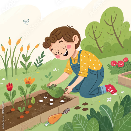 Illustration of a Child Gardening and Planting in the Garden