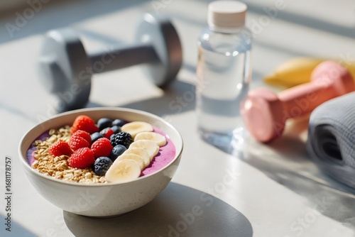 Health and fitness. A bowl of healthy cereal yogurt with berries and bananas. 