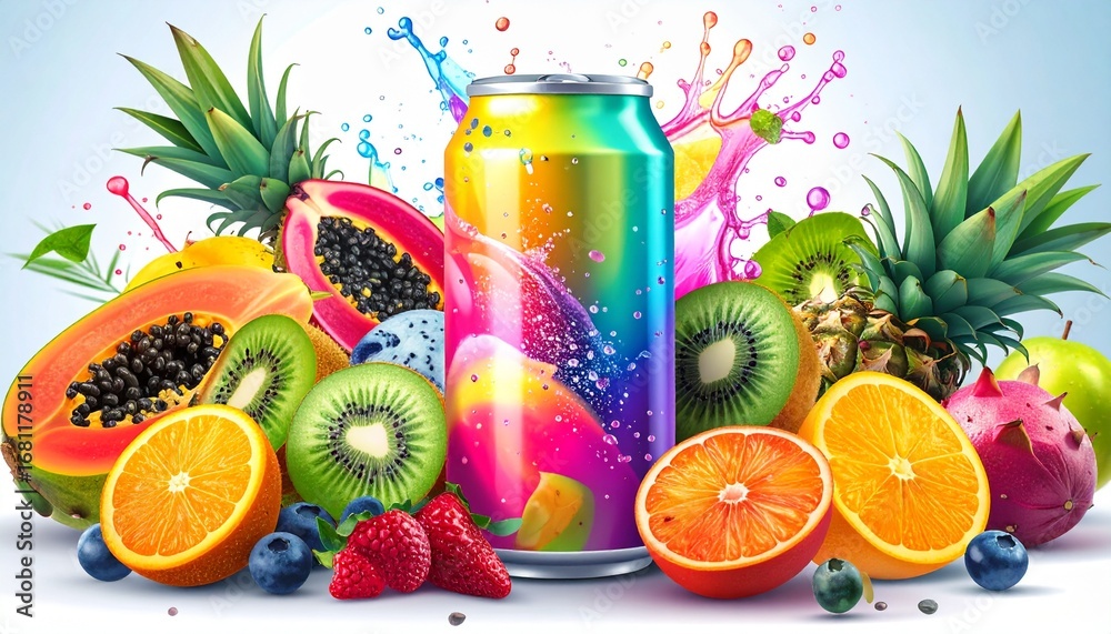 Fototapeta premium A vibrant composition featuring a colorful beverage can surrounded by fresh, juicy tropical fruits with splashes.