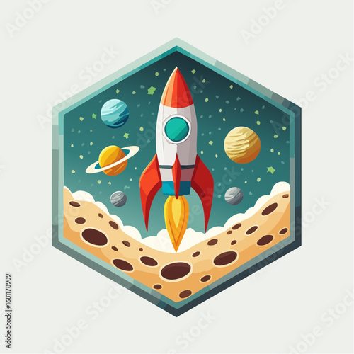 Rocket Launch into Space Colorful Illustration of a Spacecraft and Planets in a Hexagon Frame