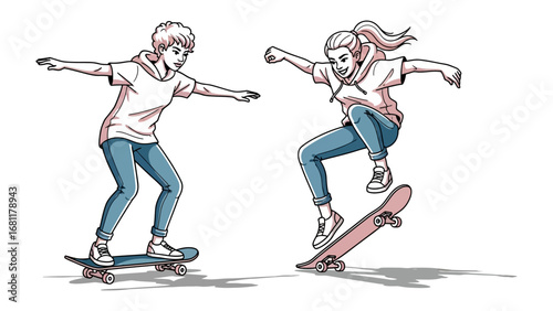 Skateboarders Dynamic Duo: Two skateboarders glide with grace and skill, executing impressive tricks in a captivating illustration. The image is alive with dynamic energy.