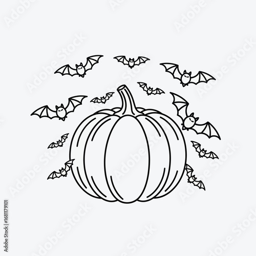Halloween pumpkin with bats flying around 