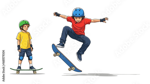 Skateboarders in Action: Two young skateboarders, one executing a mid-air trick, the other observing with anticipation. a visual testament to youthful energy and the spirit of urban recreation.