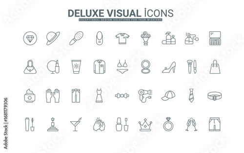 Jewelry and perfume, makeup and bag, shoes and gem for cocktail party thin black and red outline symbols vector illustration. Fashion accessory, clothes and cosmetics for man and woman line icons set.