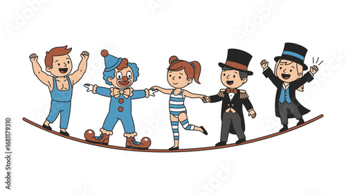  Balancing Act: A charming illustration depicts a group of circus performers joyfully treading a tightrope, capturing the spirit of adventure, teamwork and amusement