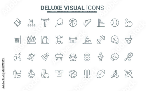 Outdoor sport training and exercises in gym, yoga meditation and bodybuilding thin black and red outline symbols vector illustration. Fitness, active healthy lifestyle and equipment line icons set.