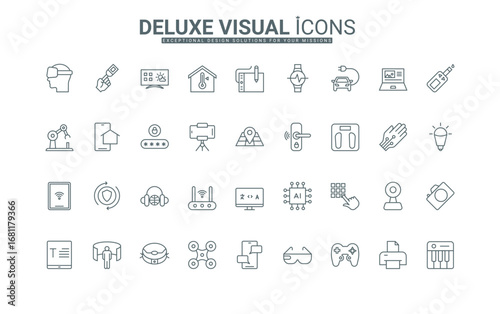 Electronic devices thin black outline symbols collection, computer and laptop, phone, tablet, robot vacuum cleaner vector illustration. Smart equipment with using AI line icons set.