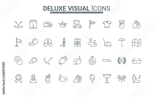 Trophy of game victory, grass, hole of field, putter stick, and ball thin black outline symbols vector illustration. Golf tournament, equipment of golfer, and car, course line icons set.