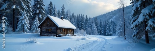 A lone, remote cabin nestled deep within a snow-covered forest, seemingly untouched and secluded, offering a sense of isolated tranquility and escape , job, alone