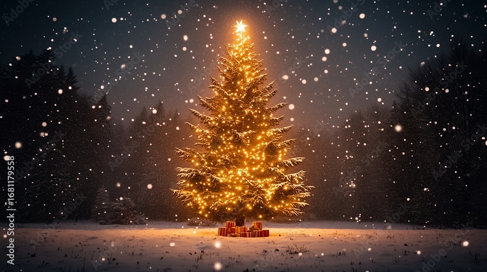 Naklejka premium Christmas tree glowing in snow at night with stars, falling snowflakes and gifts under it. Wide angle shot, perfect as high definition mobile wallpaper, winter landscape.