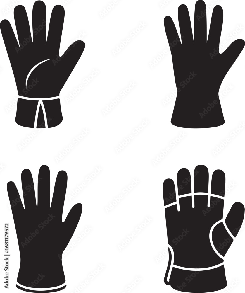 Fototapeta premium Glove Silhouettes Set in 2x2 Grid – Vector Icons of Protective, Safety, Work, and Rubber Gloves on White Background