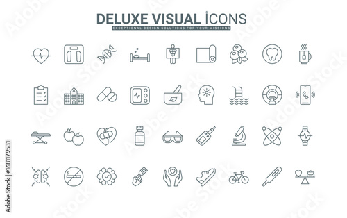 Drug therapy and medical test, food and gadgets for health monitoring thin black outline symbols vector illustration. Healthy lifestyle and sport, medical service and healthcare line icons set.