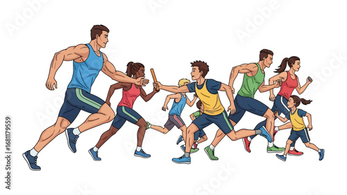 Relay Race in Motion: A dynamic illustration showcasing the energy and teamwork of a relay race, depicting the seamless exchange of a baton as athletes push themselves towards the finish line.