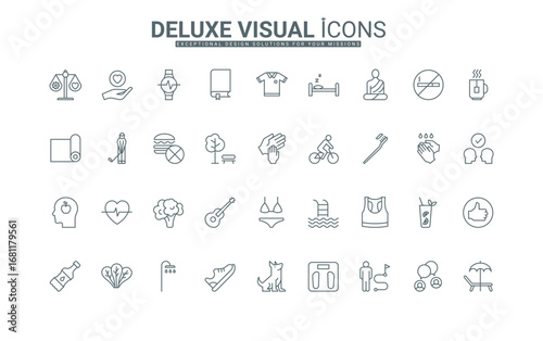 Stop fast food for weight control, sport, health checkup, and yoga meditation for balance thin black outline symbols vector illustration. Healthy habits, hygiene, lifestyle, and diet line icons set.