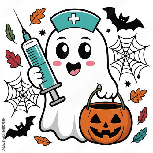 Funny Halloween Ghost Nurse with Syringe and Pumpkin – Cartoon Vector