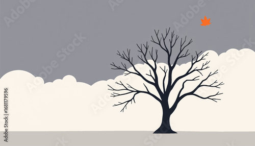 Barren Tree and Floating Leaf in Subdued Autumn Landscape with Contemplative Mood