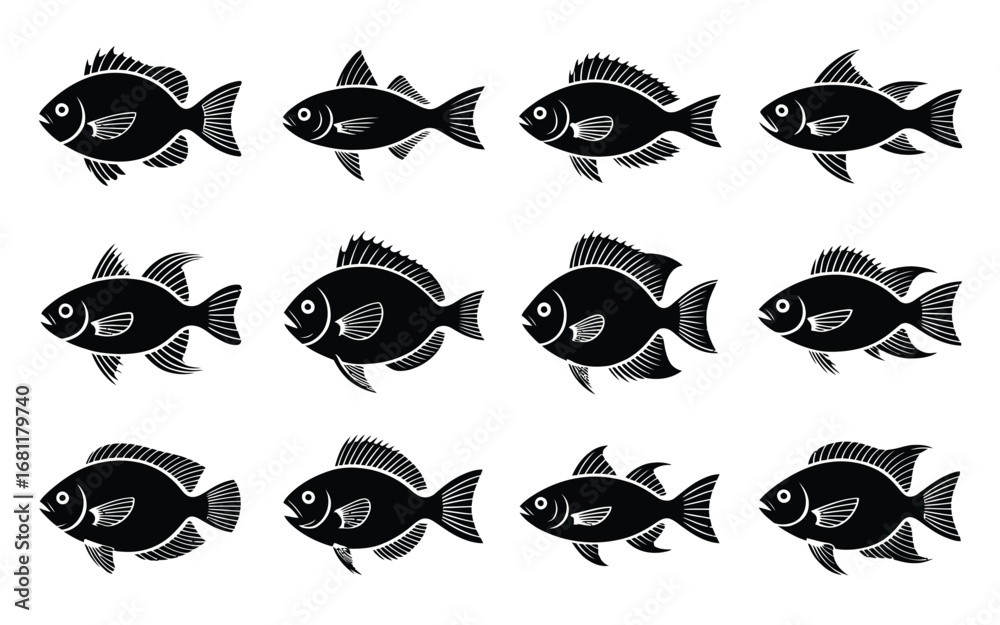 Naklejka premium Vector art of set of silhouette vector illustrations of various fish species, representing marine life, aquatic animals, and underwater ecosystems