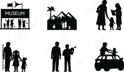 Silhouettes of family outings — visiting museum, hiking mountains, reading with child, and playing with kids on a car