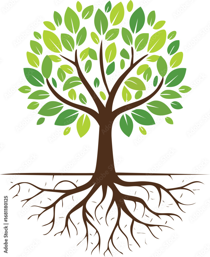 Obraz premium Green tree with deep roots illustration, symbol of growth, nature, and stability. Generative AI