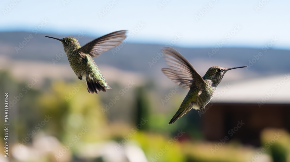 Fototapeta premium Two hummingbirds in flight against a blurred background of greenery and a distant building. The birds are sharply in focus, wings outstretched, showcasing their iridescent feathers