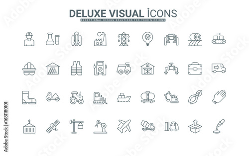 Safety equipment and toolbox of workers, machinery for heavy industry, and construction thin black outline symbols vector illustration. Manufacturing and agriculture, space research line icons set.
