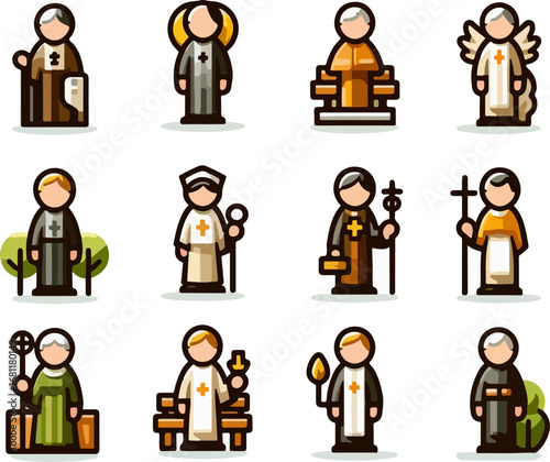 Collection of Flat Cartoon Vector Illustrations of Christian Religious Clergy, Priests, and Church Leaders with Cross, Bible, Angel Wings, Medical and Spiritual Symbols for Faith and Religion Design