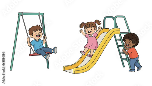 Playground Bliss: Joyful kids frolic on a sunny playground, with the focus on a delightful slide and a classic swing, perfect for depicting a youthful, carefree summertime play.