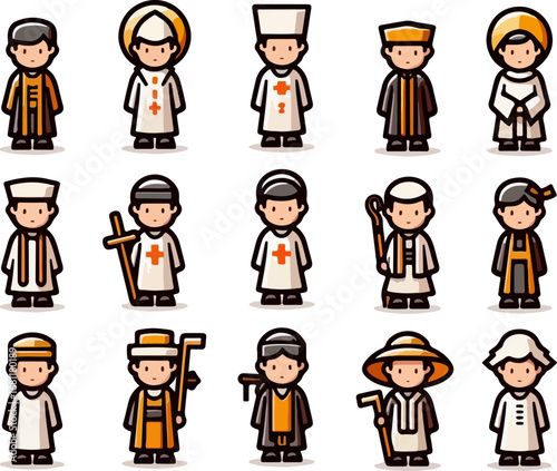 Collection of Flat Cartoon Vector Illustrations of Christian Religious Clergy, Priests, and Church Leaders with Cross, Bible, Angel Wings, Medical and Spiritual Symbols for Faith and Religion Design