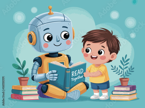 An adorable boy and a futuristic robot sharing a heartwarming moment while reading a book together in a cozy setting