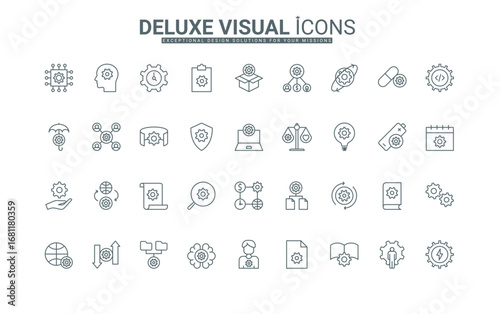 Business optimization and productivity, modification with cogwheels thin black outline symbols vector illustration. Settings and control of system operations, line icons set with gears.