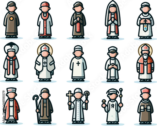 Collection of Flat Cartoon Vector Illustrations of Christian Religious Clergy, Priests, and Church Leaders with Cross, Bible, Angel Wings, Medical and Spiritual Symbols for Faith and Religion Design