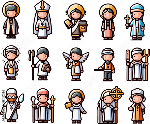Collection of Flat Cartoon Vector Illustrations of Christian Religious Clergy, Priests, and Church Leaders with Cross, Bible, Angel Wings, Medical and Spiritual Symbols for Faith and Religion Design