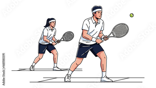 Tennis Duo in Action: Dynamic illustration of two tennis players engaged in a competitive rally on the court, showcasing skill and focus.