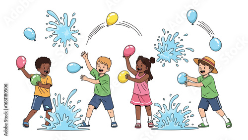Water balloon play: Illustrative rendition of children's playful interaction with water balloons, showcasing their laughter, camaraderie, and refreshing summer activities. 
