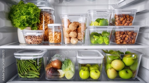 Kitchen organization hacks concept. Organized fridge with fresh vegetables and healthy snacks in clear containers.
