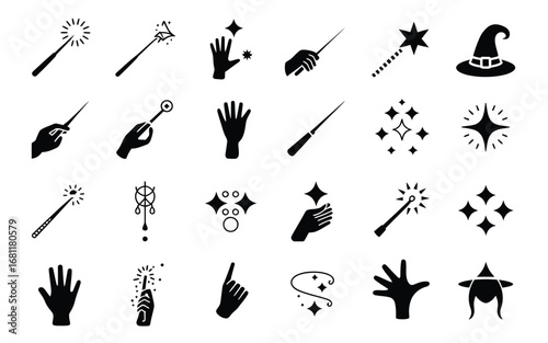 Vector art of collection of magic icons including wand, hand, hat, sparkle, wizard, witch, spell, power, fantasy and sorcery