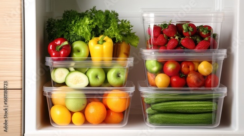 Kitchen organization hacks concept. Fresh fruits and vegetables stored in clear containers in a fridge.