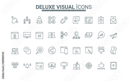 Audience target search, thin black outline symbols vector illustration. Creation of digital content for blogs and vlogs, copyright protection, and promotion in social media line icons set.