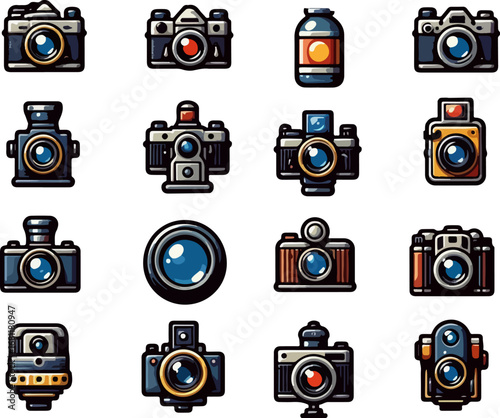 Collection of Retro and Modern Camera Vector Icons – Flat Cartoon Illustration of Vintage Film Cameras, Photography Equipment, and Classic Camera Devices for Design and Decoration