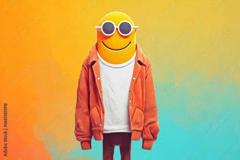 Obraz premium A cheerful yellow smiley wearing stylish sunglasses and a cozy orange hoodie set against a gradient background.